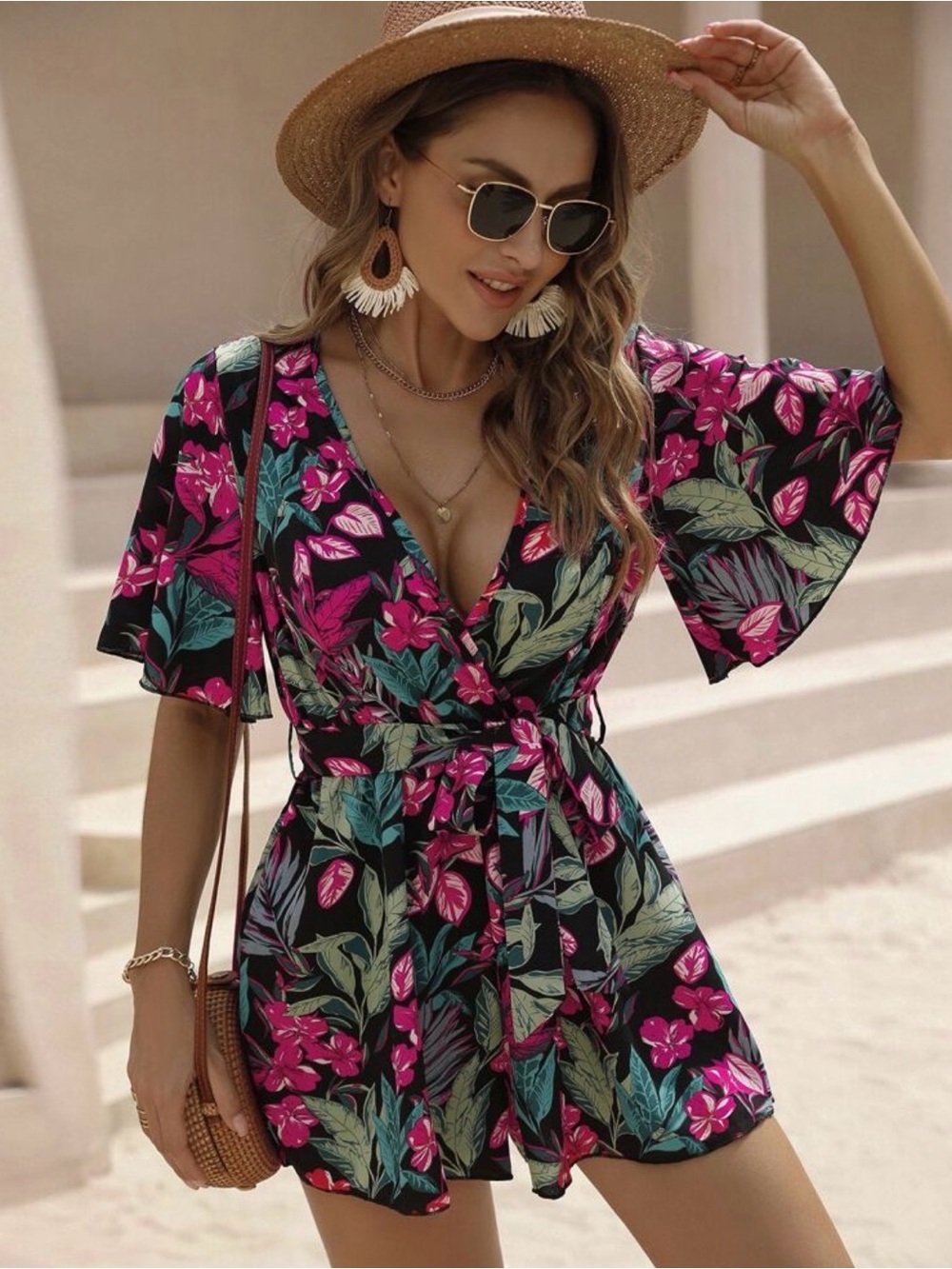 Floral Wrap Romper in Black & Fuchsia - Women Pants & Jumpsuits